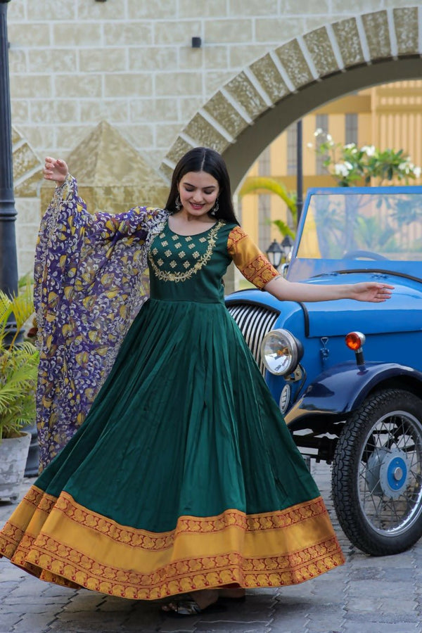 Aastha Fashion Women's Bottle Green Silk Jacquard Woven with Embroidery Anarkali Dress with Dupatta - Distacart