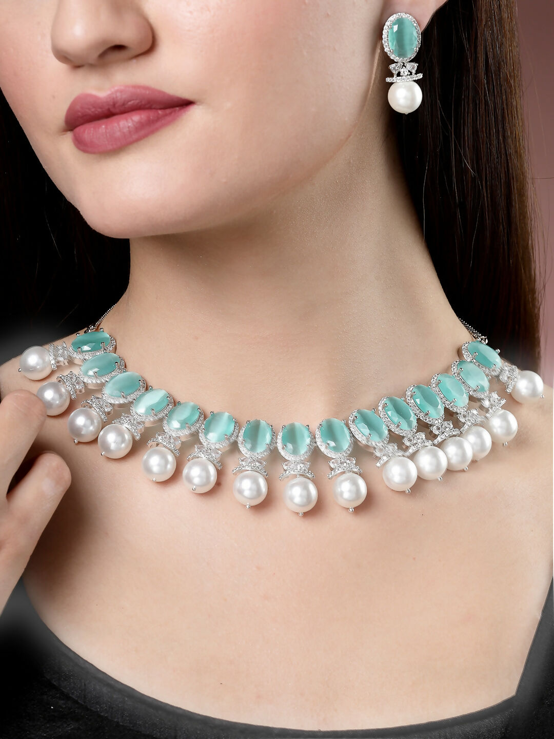 NVR Women's Silver-Plated Green American Diamond Studded Handcrafted Jewellery Set - Distacart