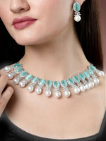 Thumbnail for NVR Women's Silver-Plated Green American Diamond Studded Handcrafted Jewellery Set - Distacart