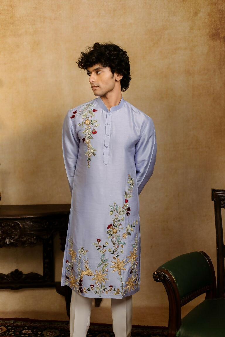 Falling Raw Silk Power Blue Botanical Bloom Kurta Set By Hilo Design