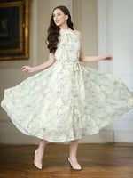 Thumbnail for Souchii Cream & Blue Floral Chiffon Maxi Dress