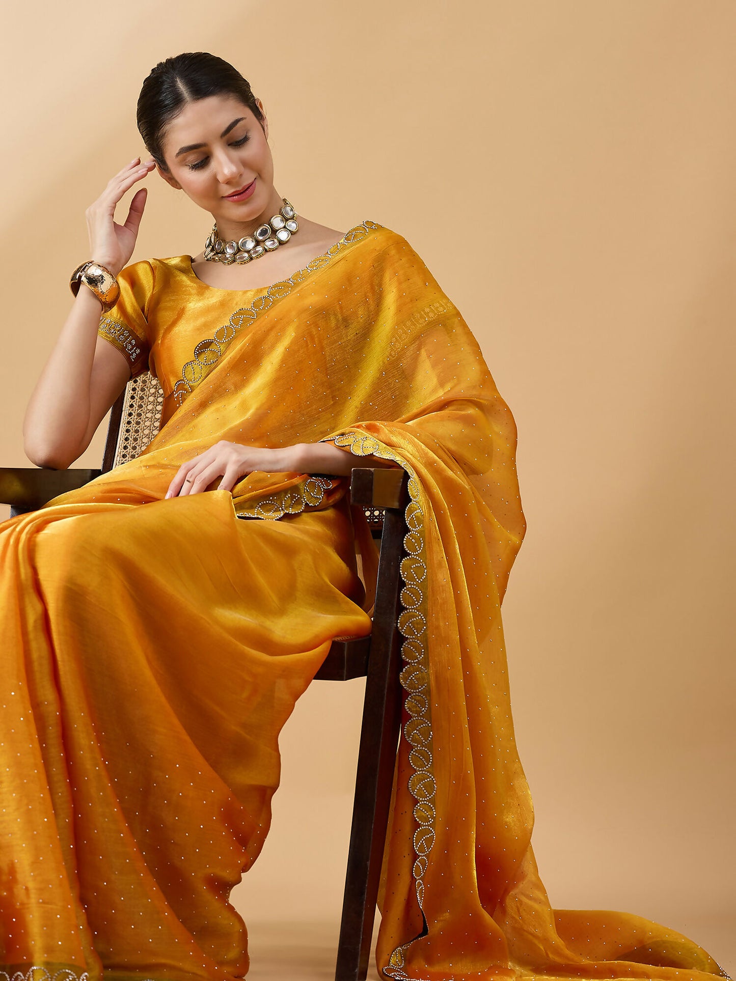 Mustard Organza Swaroski Diamond Work Saree with Unstitched Blouse - Radha - Distacart