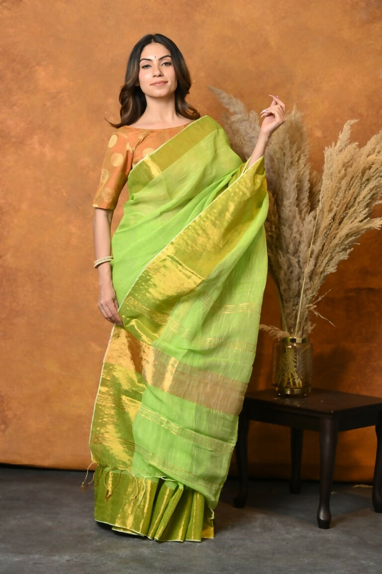 Very Much Indian Handloom Pure Cotton Linen Saree With Golden Border - Light Green - Distacart