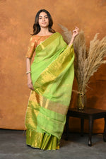 Thumbnail for Very Much Indian Handloom Pure Cotton Linen Saree With Golden Border - Light Green - Distacart