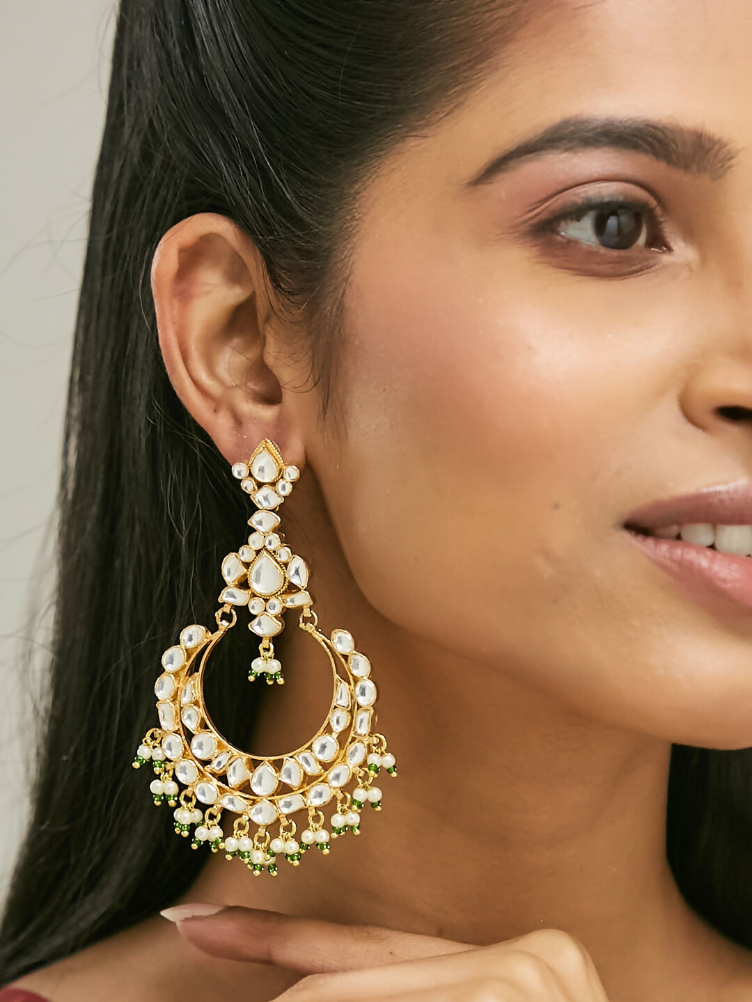 Nuyug 22K Gold-Plated Elegant Kundan Studded & Beaded Floral Chandbali Earrings
