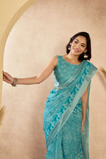 Thumbnail for Vastranavya Sky Blue Digital Printed Linen Ready To Wear Designer Saree with Unstitched Blouse - Distacart