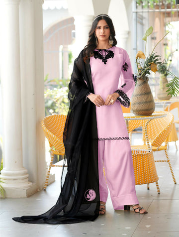 Nikhaar Light Pink Embroidered Organza Stitched Straight Cut Kurta Farshi Salwar Dupatta Readymade Suit - Dista