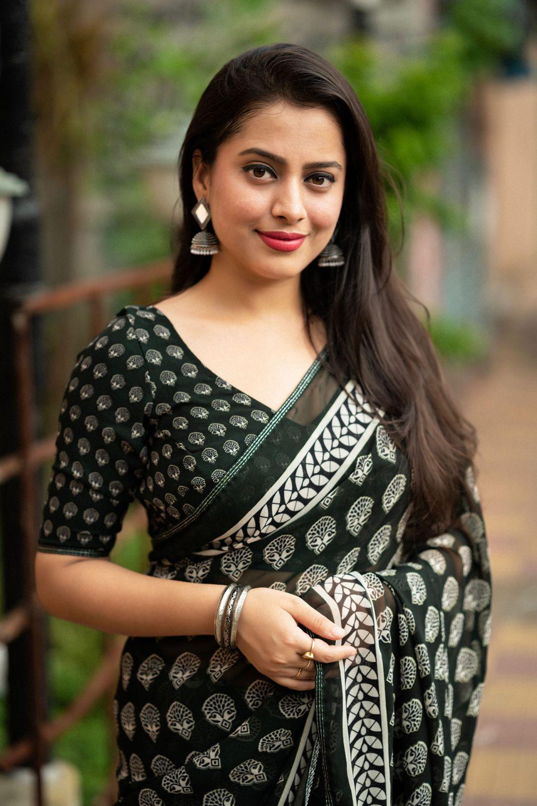 Black Poly Georgette Ajrak Saree with Unstitched Blouse - A2M - Distacart