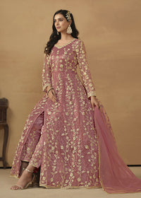 Thumbnail for Pant Style Coral Pink Embroidered Net Wedding Anarkali Suit - Emponline - Distacart
