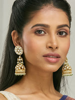 Thumbnail for Nuyug 22K Gold-Plated Kundan Stone Studded & Pearl Beaded Dome Shaped Jhumkas