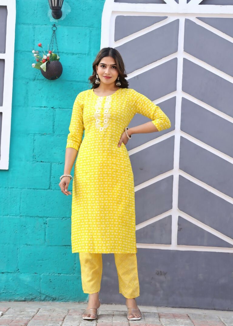 Alvano Printed Beautiful Straight Kurti with Pant and Dupatta set for Women and Girls (Yellow) - Distacart