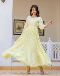 Thumbnail for Kaajh Women's Yellow Embroidered Ethnic Dress - Distacart