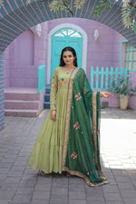 Thumbnail for Aastha Fashion Women's Parrot Green Faux Georgette Thread Embroidered Anarkali Dress with Dupatta - Distacart