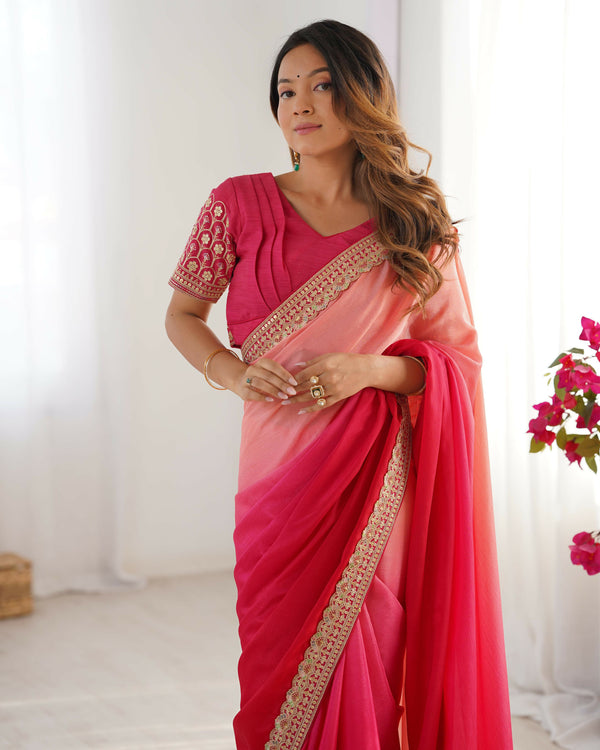 Exclusive Collection Red Pink Party Wear Chinon Salk Saree
