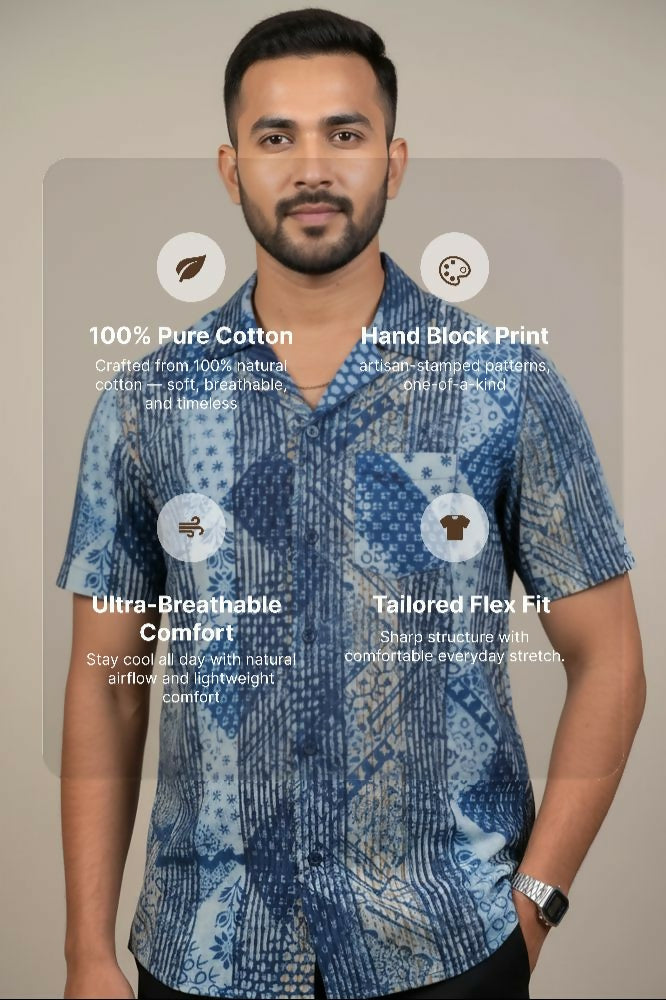 Samudra — Sea Blue Dabu Cotton Shirt by Hilo Design - Dista
