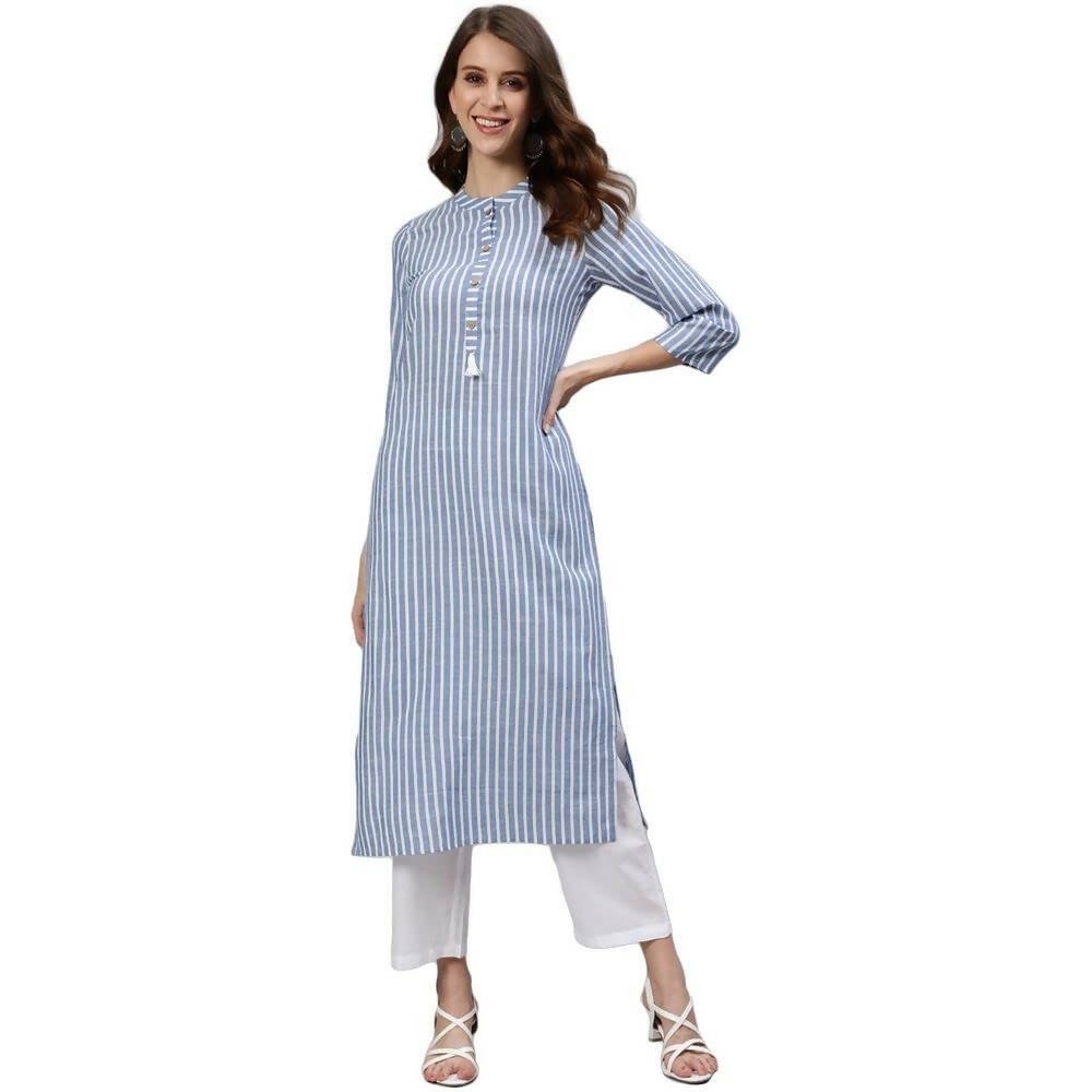Anubhutee Women's Cotton Striped Regular Blue Kurta Set - Distacart