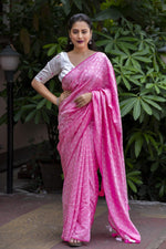Thumbnail for Pink Poly Georgette Woven Design Saree with Unstitched Blouse - Hiral Fashion - Distacart