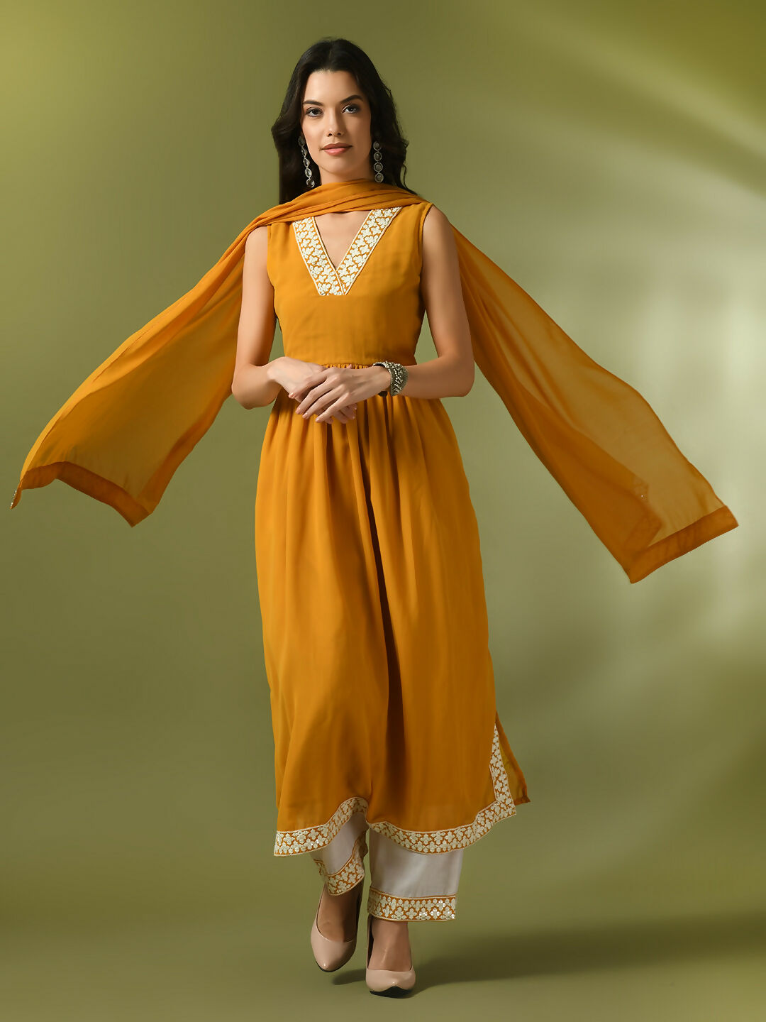 Myshka Women's Yellow Solid Georgette Anarkali Party Kurta Set With Dupatta - Distacart