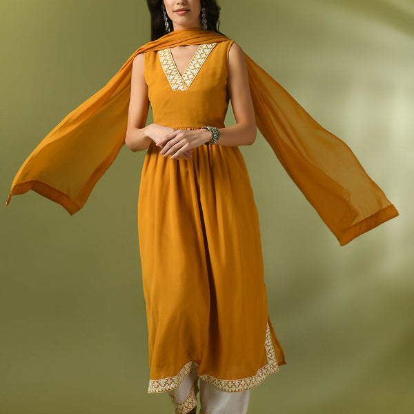Myshka Women's Yellow Solid Georgette Anarkali Party Kurta Set With Dupatta - Distacart