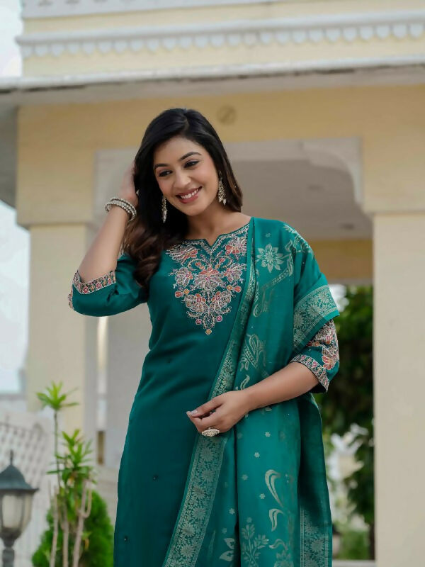 Preksha Creation Wedding Special Premium Roman Silk Coding Embroidery With Sequins Work Kurti Dupatta With Pant