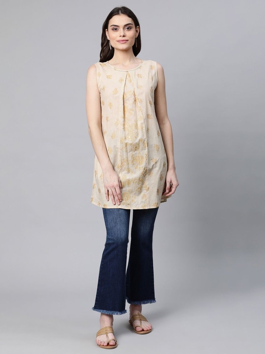 Ahalyaa Women Beige Pure Cotton Floral Printed Tunic - Distacart