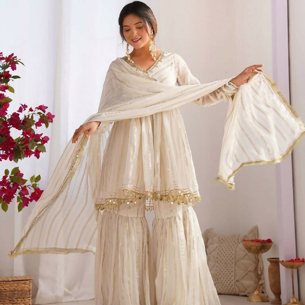 Teeya Creation White Color Mal Chanderi Silk Mirror Work And Hand Work Sharara set