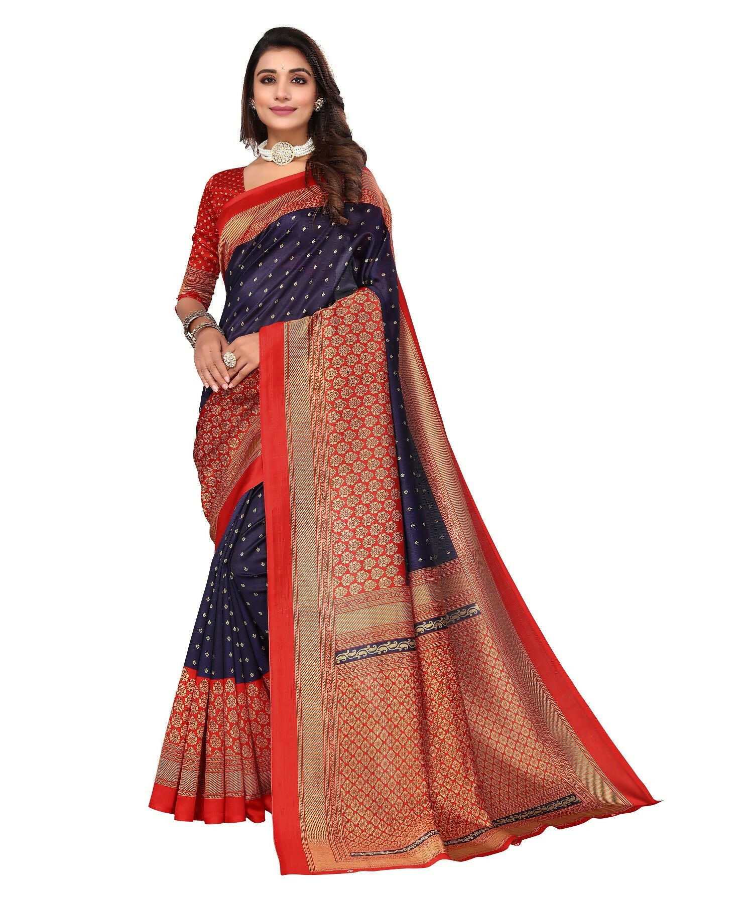 Vamika Navy Blue Printed Art Silk Saree - Distacart