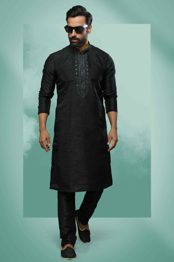 Raivat Ethnic Art Silk Mirror Embroidery Work Kurta Pajama In Black Colour - Dista