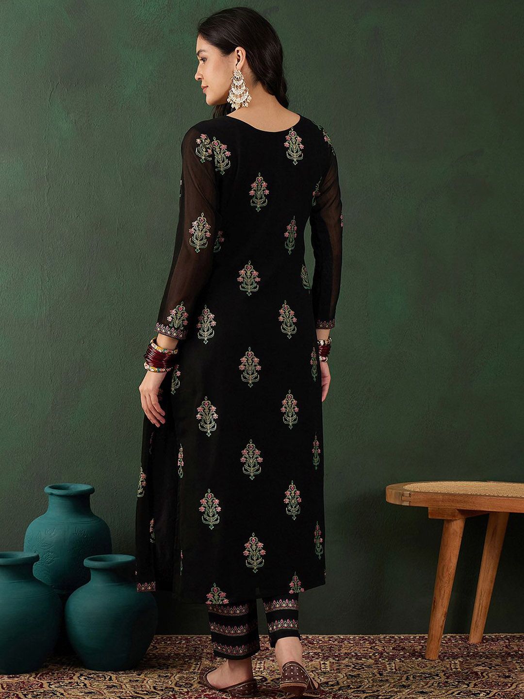 Sangria Floral Printed A-Line Kurta With Trouser