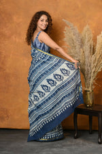 Thumbnail for Very Much Indian Handblock Printed Cotton Saree With Natural Dyes - Blue - Distacart