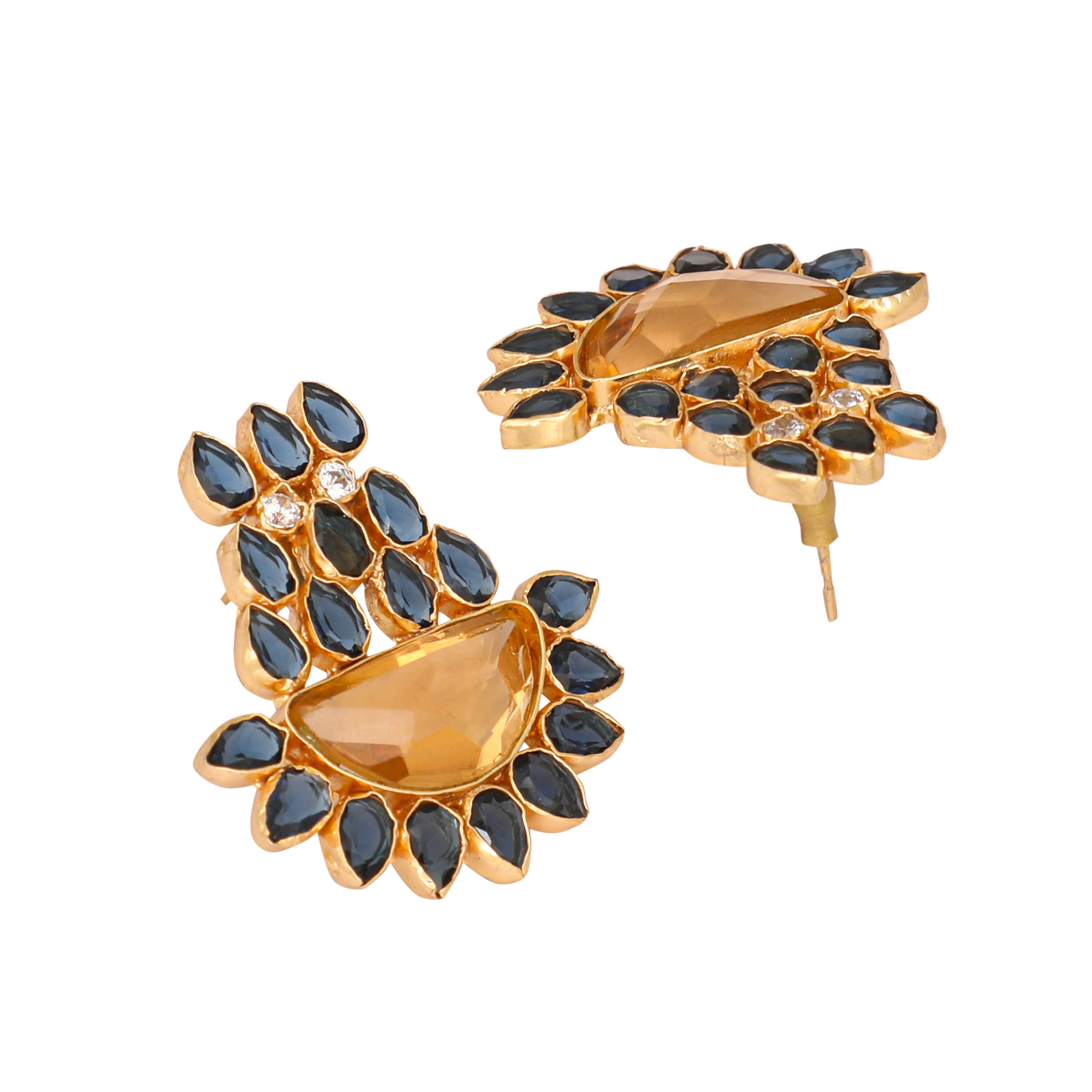 Nuyug 22K Gold Plated Crystal Studded Contemporary Floral Shaped Stud Earrings