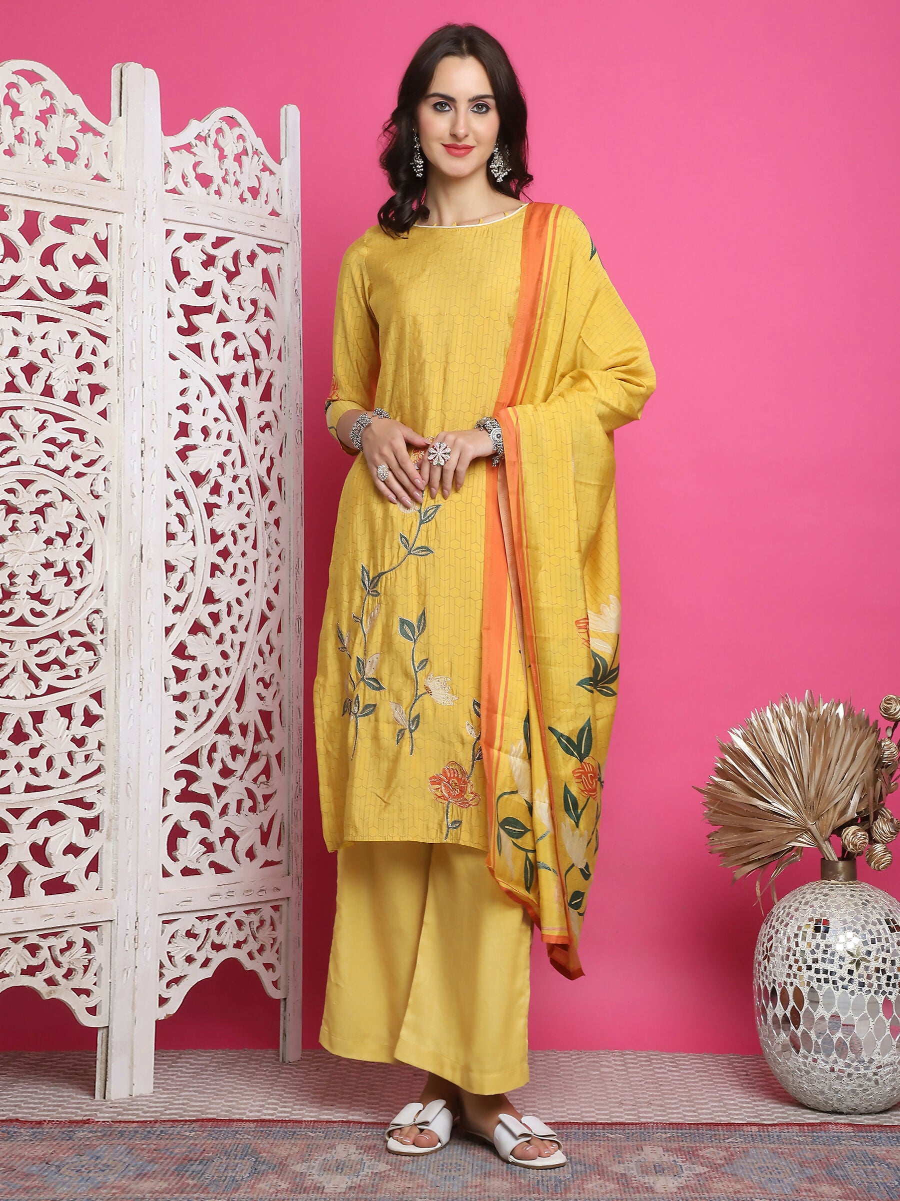 Jyoti Fashion Women's Yellow Muslin Floral Print with Jari & Crystal work Kurta with Trouser & Dupatta - Distacart