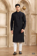 Thumbnail for Raivat Ethnic Banarasi Art Silk Mirror Work Kurta Pajama In Black Colour