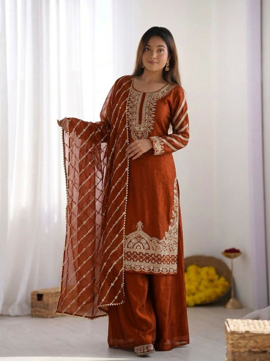 Teeya Creation New latest Trendy Embroidery Beads Work Kurta Sharara Set - Orange - Dista