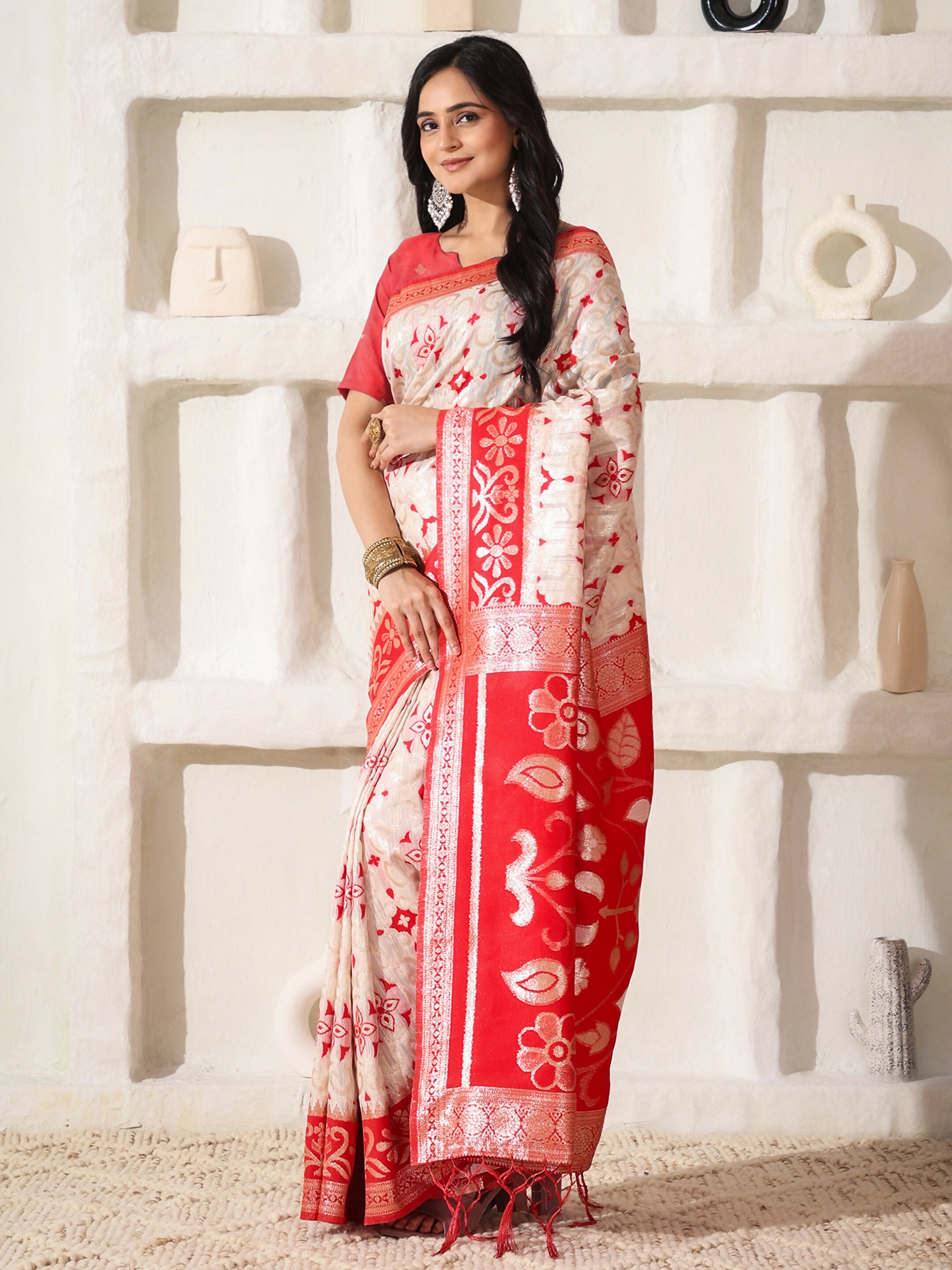 Astita Linen Cotton Red & White Saree