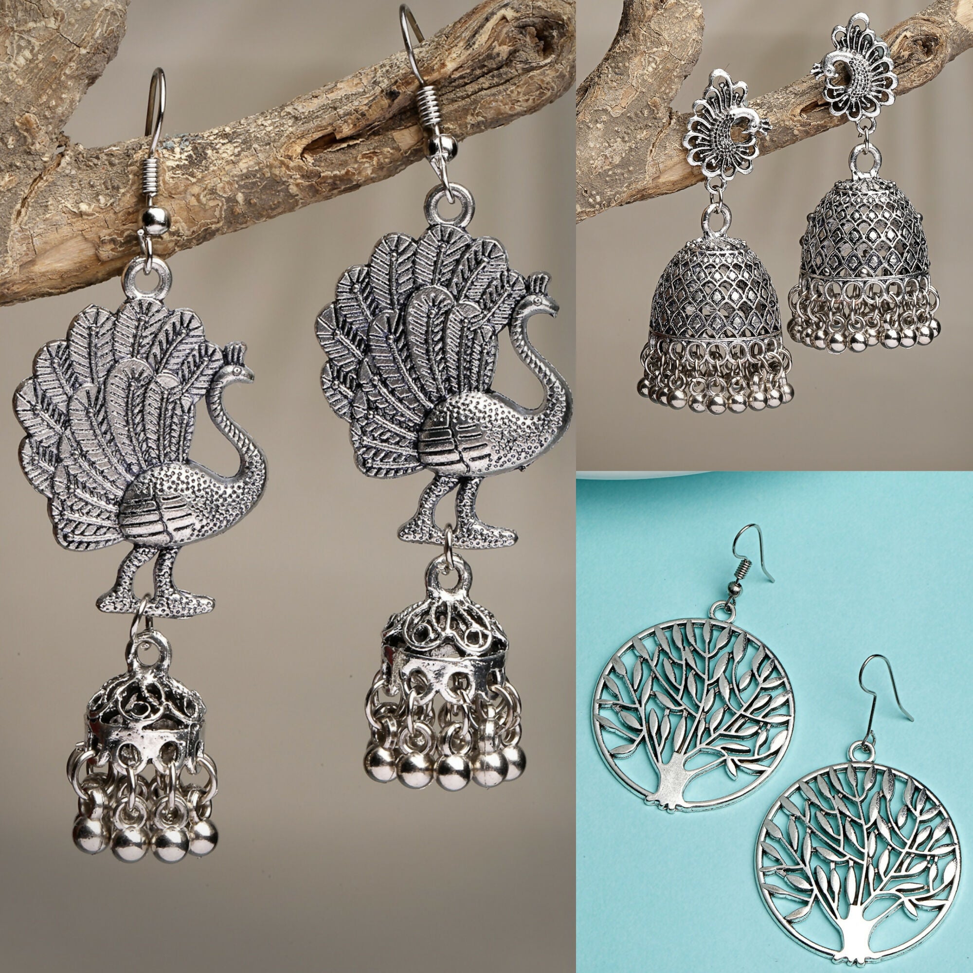 NVR Women's Set of 3 Silver-Toned German Silver Oxidised Dome Shaped Jhumka Earrings - Distacart