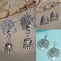 Thumbnail for NVR Women's Set of 3 Silver-Toned German Silver Oxidised Dome Shaped Jhumka Earrings - Distacart