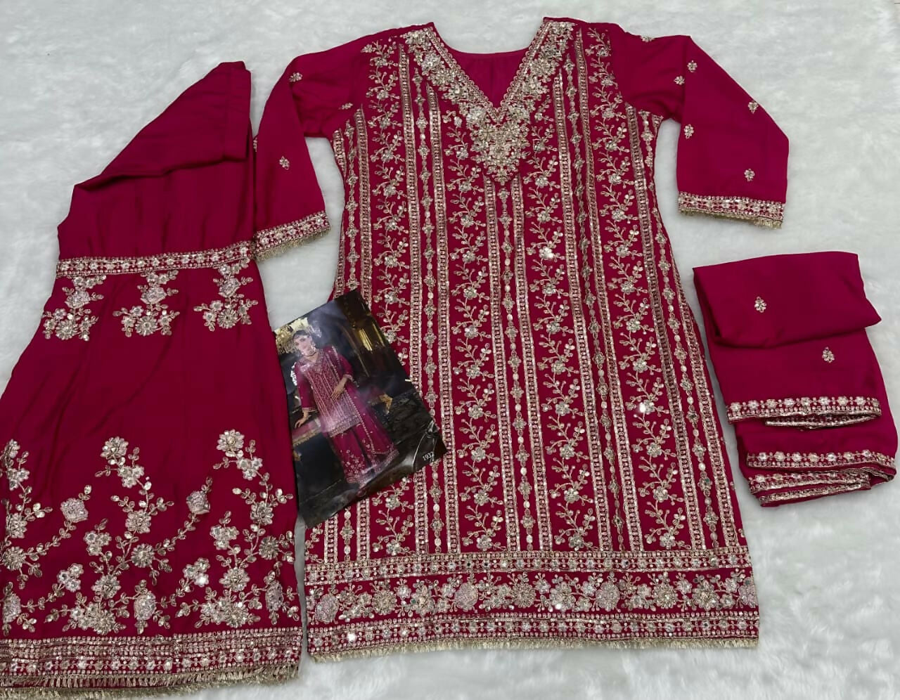 Aarshi Fashions Pink Chinon Silk Full Stitched Wedding Suits