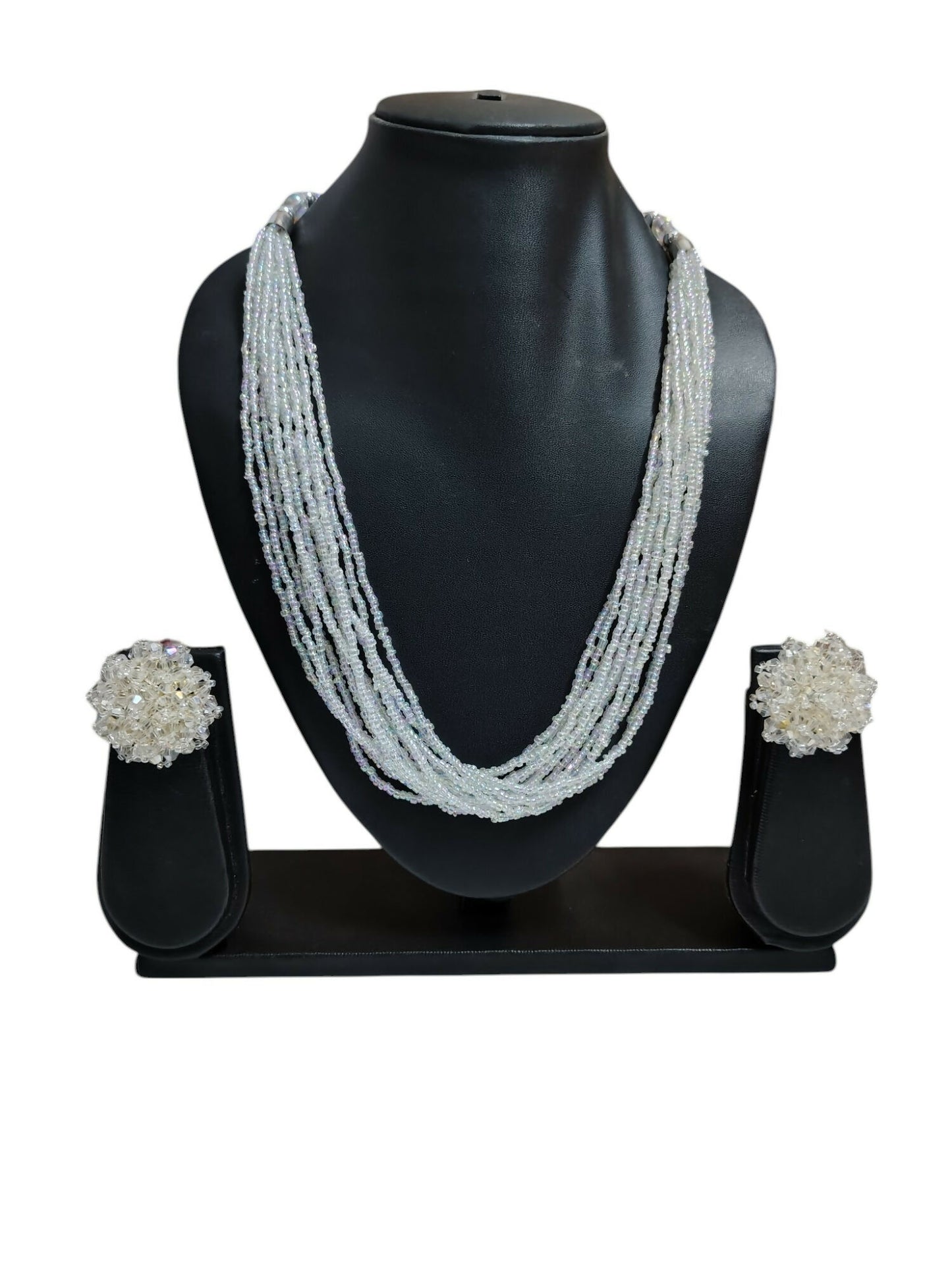 Inhanns Bloom Handmade Beaded Necklace With Earrings - 12 Layers - Ivory - Distacart