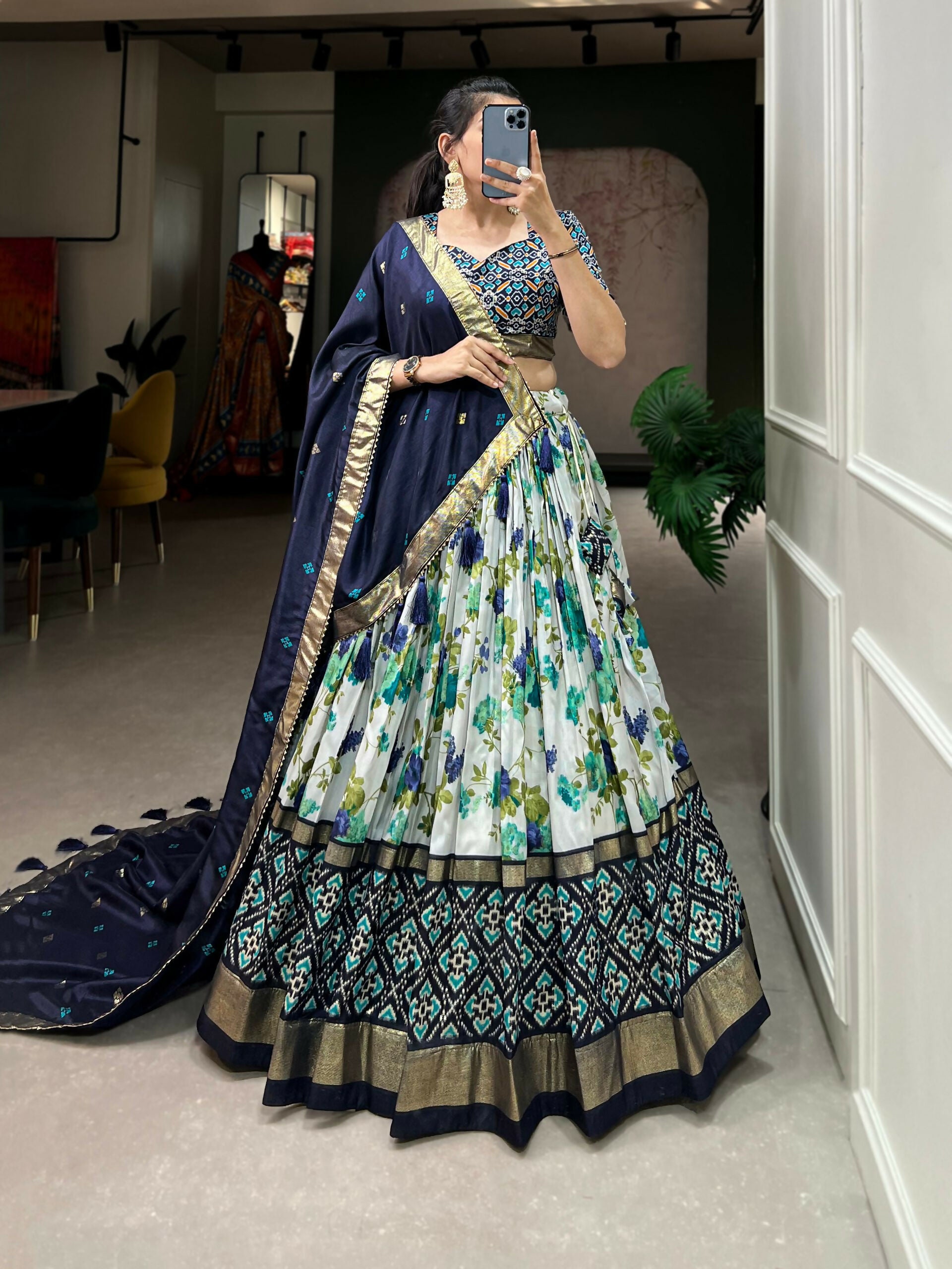 Vastranavya Exquisite Tussar Silk Lehenga Set With Perfect Floral And Patola Print Design Lehenga Choli - Navy Blue - Distacart
