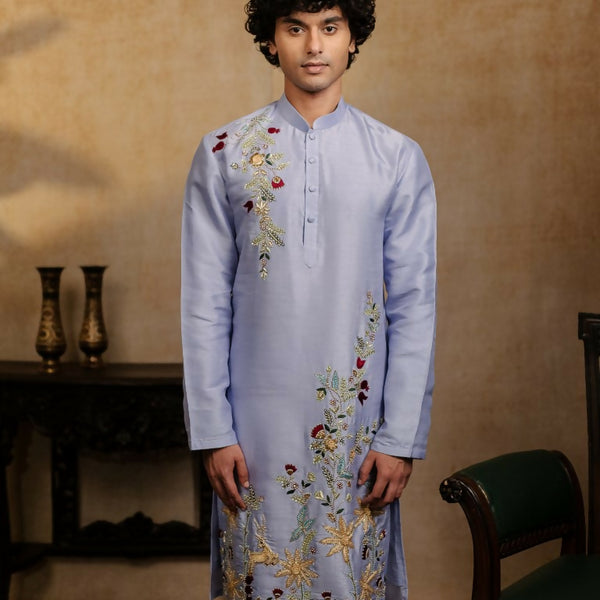 Falling Raw Silk Power Blue Botanical Bloom Kurta Set By Hilo Design