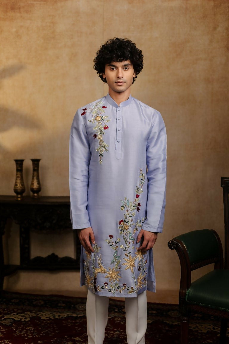 Falling Raw Silk Power Blue Botanical Bloom Kurta Set By Hilo Design - Distacart
