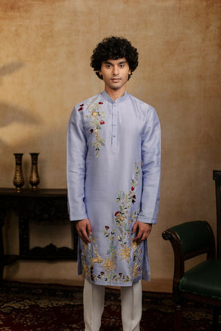 Falling Raw Silk Power Blue Botanical Bloom Kurta Set By Hilo Design
