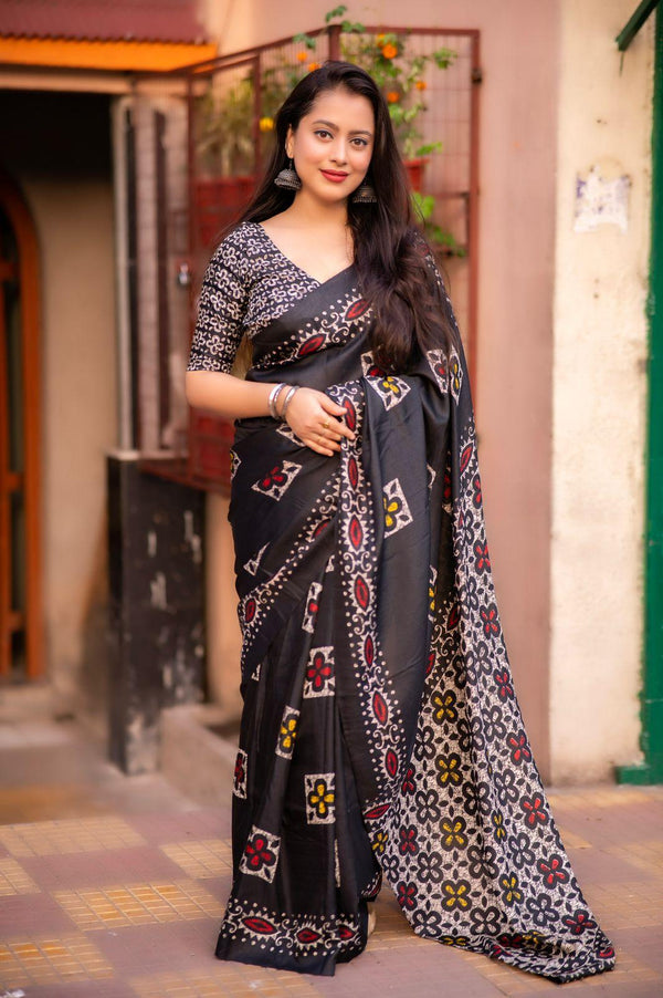 Black Silk Blend Ethnic Motifs Saree with Unstitched Blouse - A2M