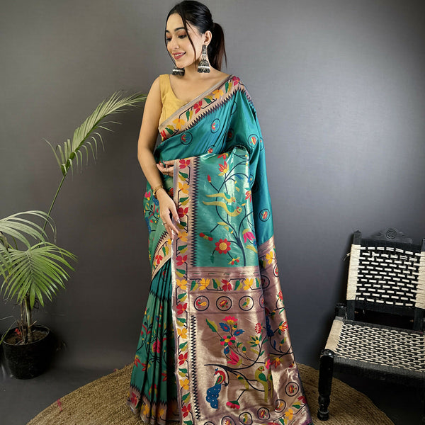 Joban Fashion Cyan Blue Paithani Soft Silk Meenakari Saree