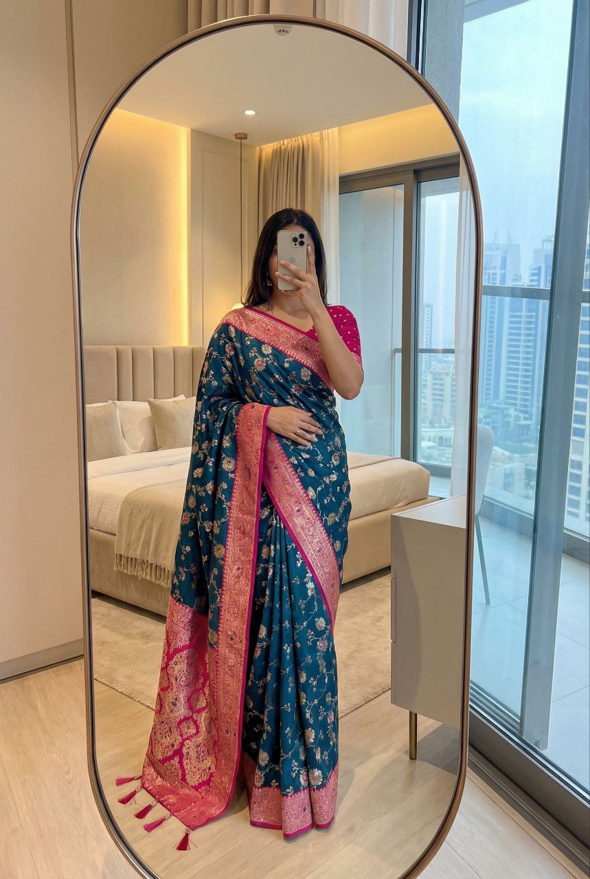 Mameraa Sarees Teal Blue Soft Silk Blend Saree With Zari Weaving Meenakari Design-Teal - Dista