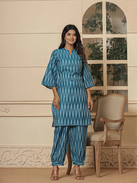 Yufta Teal Blue Cotton Ikat Co-Ord Set