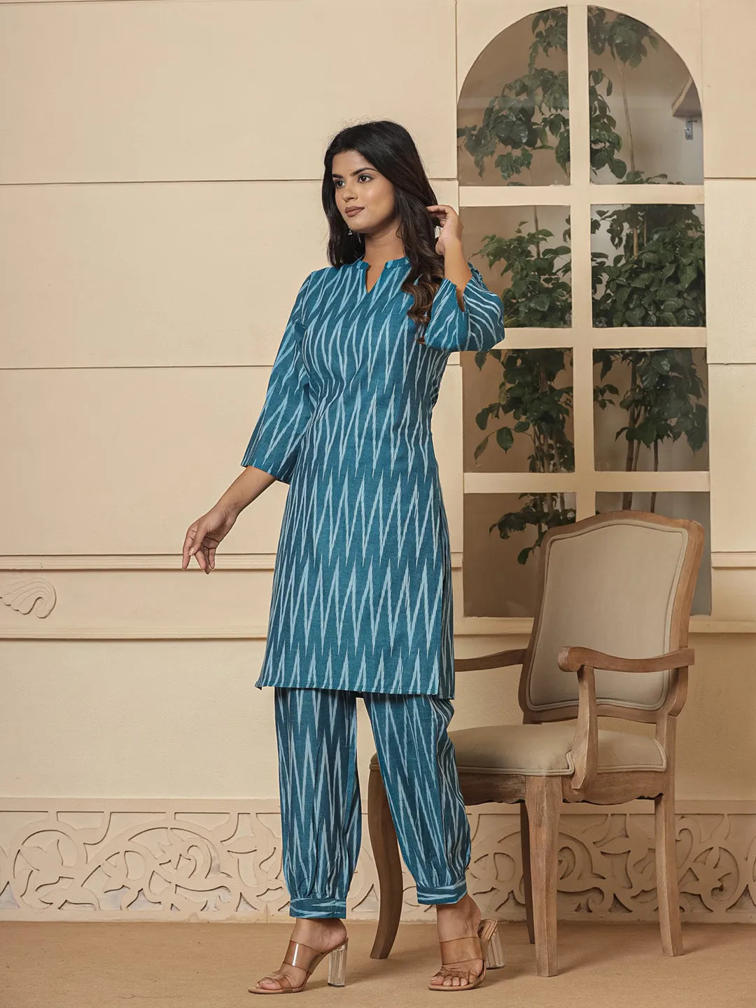 Yufta Teal Blue Cotton Ikat Co-Ord Set - Distacart