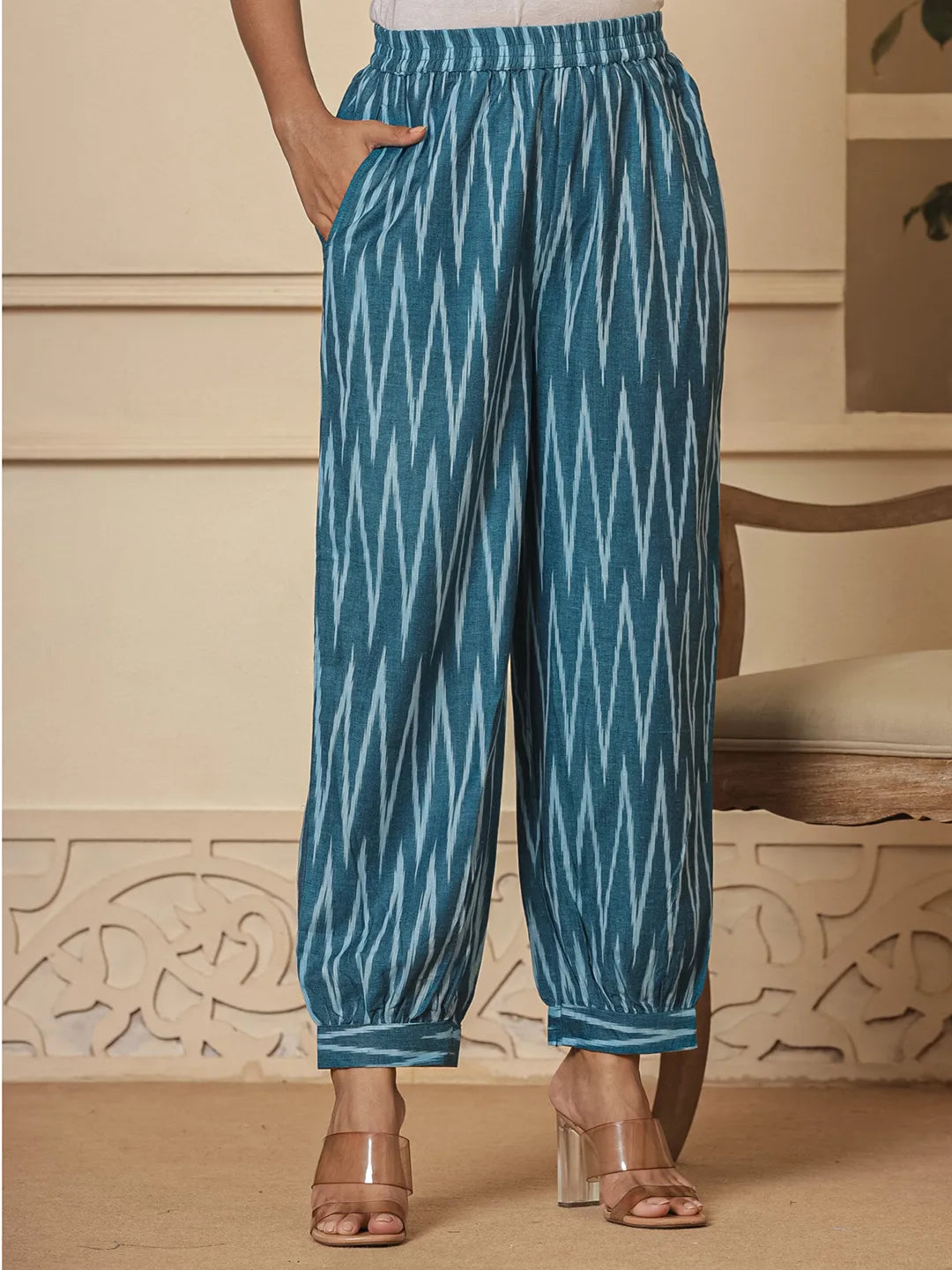 Yufta Teal Blue Cotton Ikat Co-Ord Set