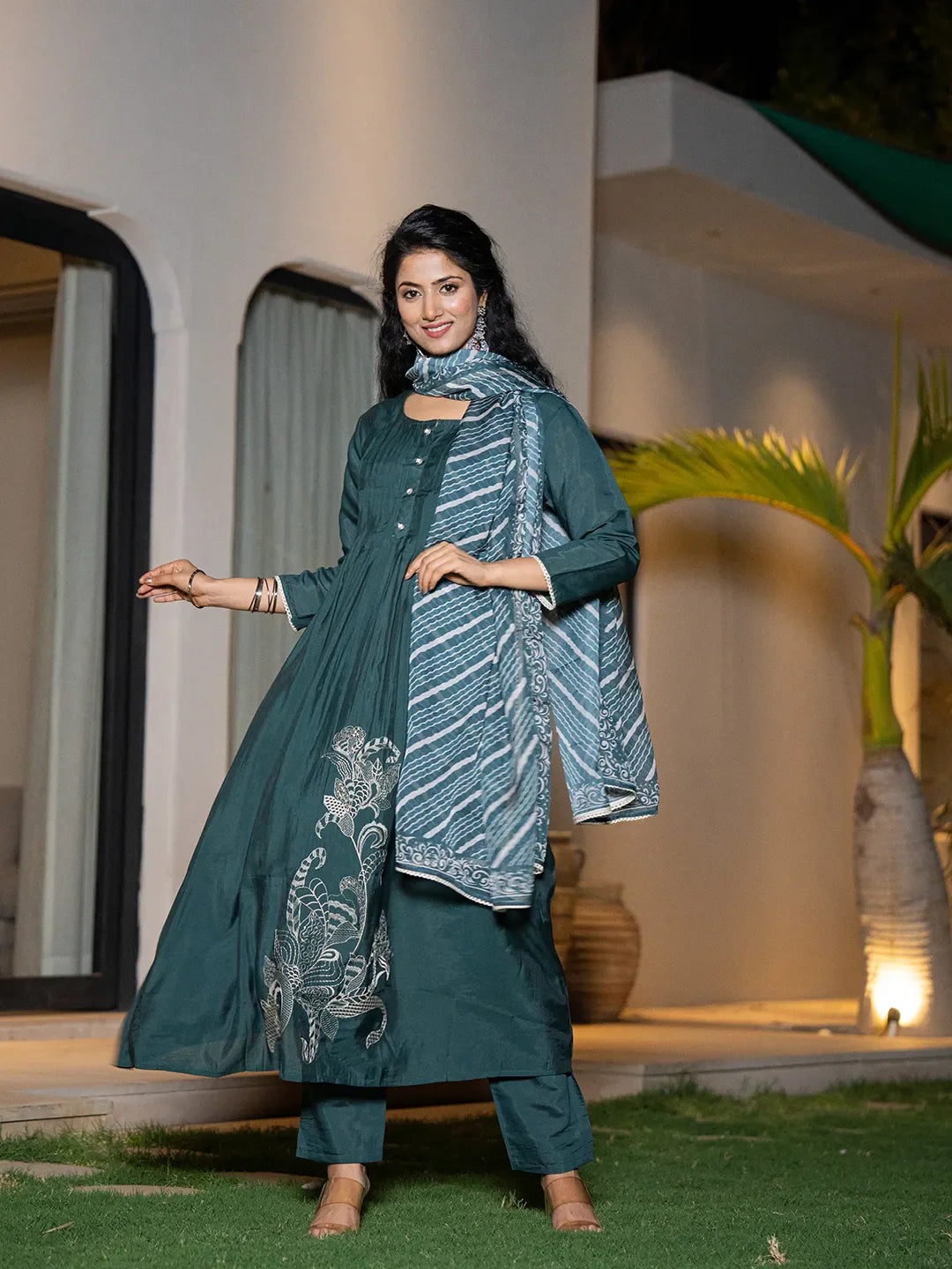 Yufta Teal Blue Embroidered A-Line Kurta Dupatta Set - Distacart